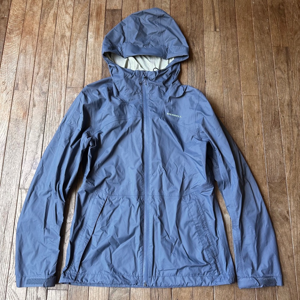 Merrell Rain Jacket Womens XS Hooded Full Zip Waterproof Ripstop Blue Hiking